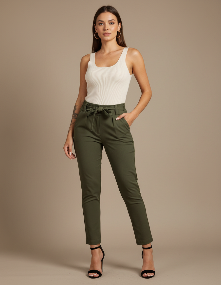 Pantalon Chino Kaki Taille Haute Femme Cordon - Gabardine