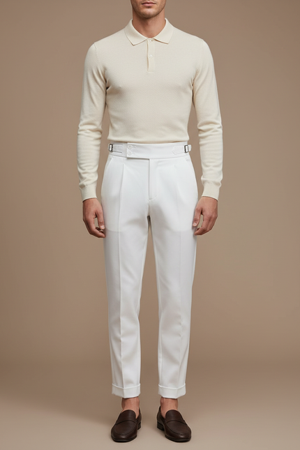 Pantalon Chino Blanc Cassé Plissé Droit Élégant Homme - Gabardine
