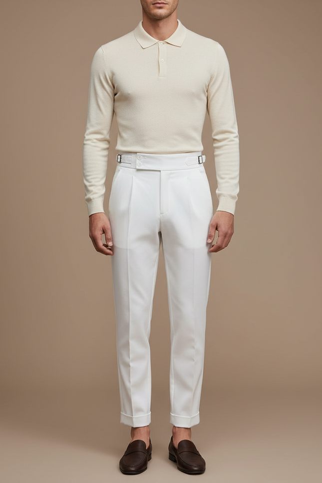 Pantalon Chino Blanc Cassé Plissé Droit Élégant Homme - Gabardine