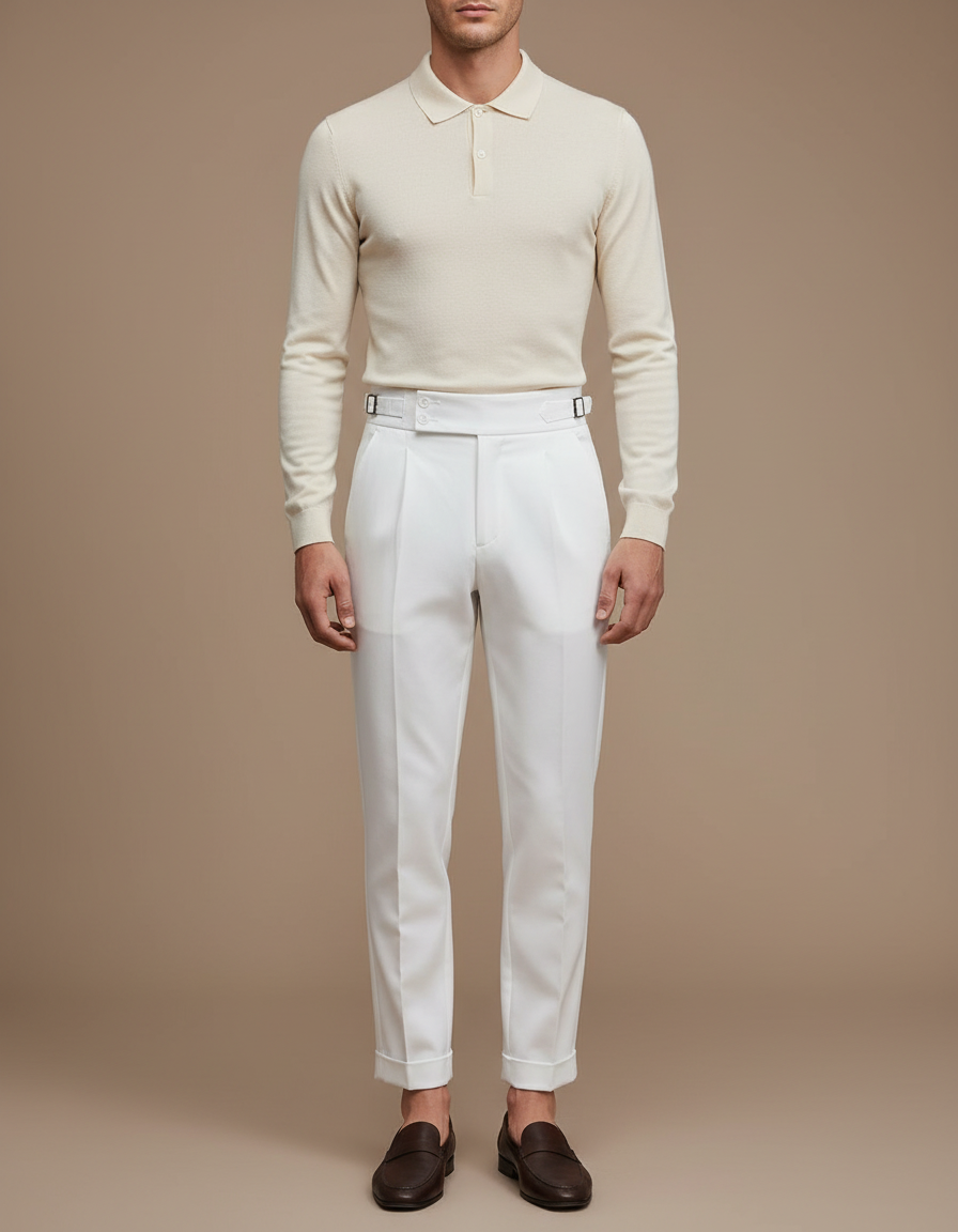 Pantalon Chino Blanc Cassé Plissé Droit Élégant Homme - Gabardine