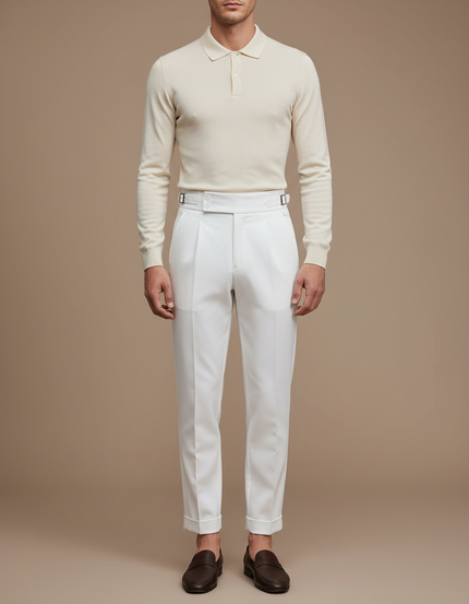 Pantalon Chino Blanc Cassé Plissé Droit Élégant Homme - Gabardine