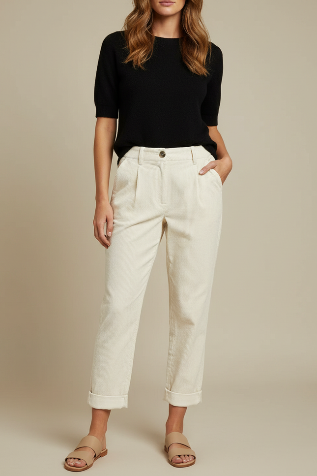 Pantalon Chino Écru Côtelé Ample Décontracté Femme - Beige Cordé