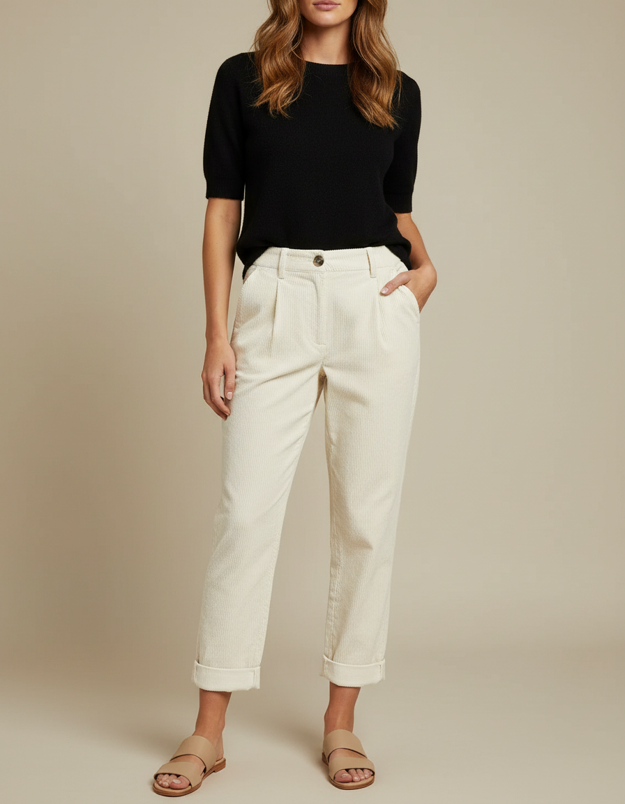 Pantalon Chino Écru Côtelé Ample Décontracté Femme - Beige Cordé