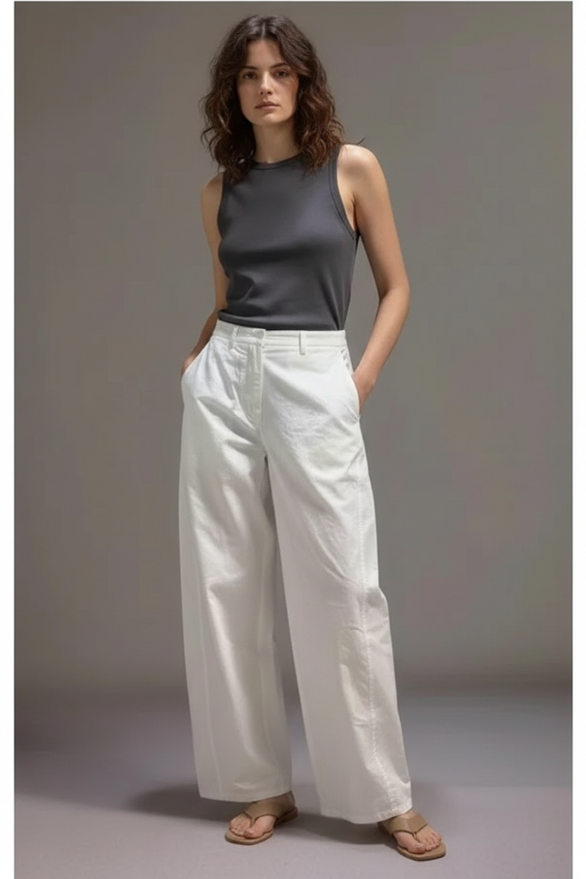 Pantalon Chino Blanc Coton Ample Décontracté Femme