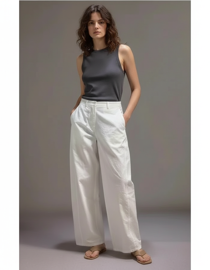 Pantalon Chino Blanc Coton Ample Décontracté Femme