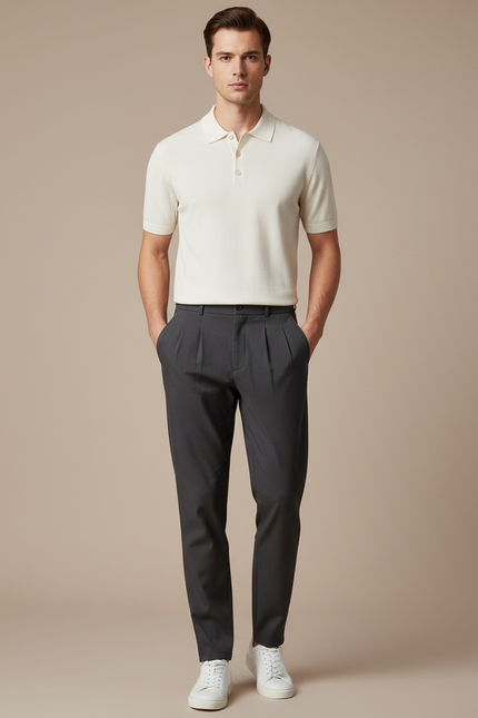 Pantalon Chino Gris Anthracite Plissé Décontracté Homme - Gabardine