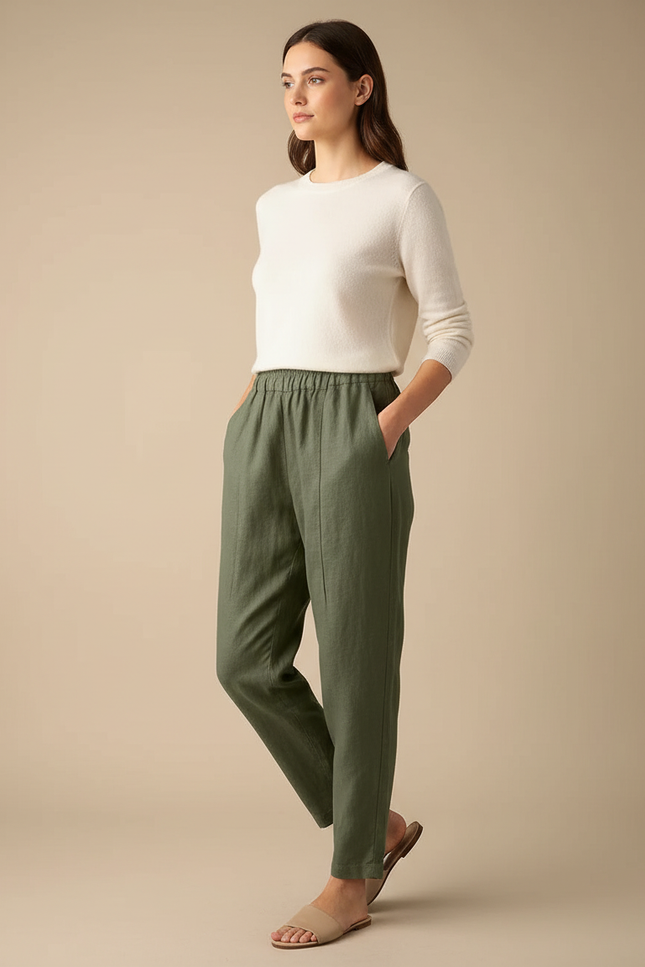 Pantalon Chino Vert Olive Ample Lin Femme - Kaki
