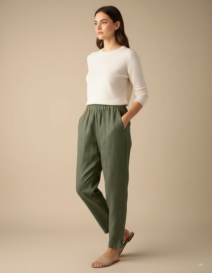 Pantalon Chino Vert Olive Ample Lin Femme - Kaki