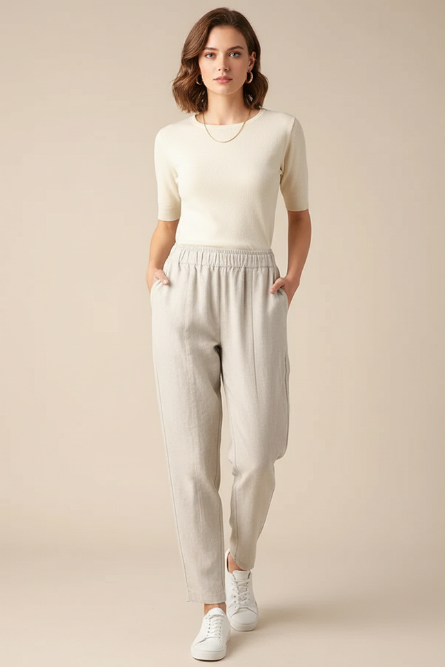 Pantalon Chino Femme Lin Coton Ample Beige Décontracté