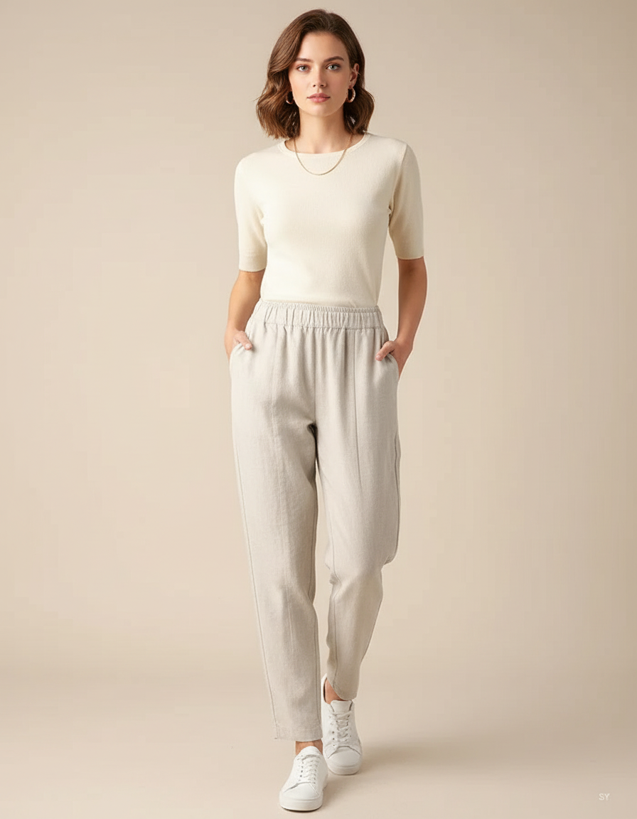 Pantalon Chino Femme Lin Coton Ample Beige Décontracté