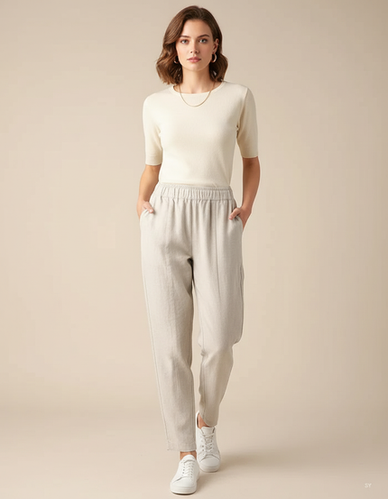 Pantalon Chino Femme Lin Coton Ample Beige Décontracté