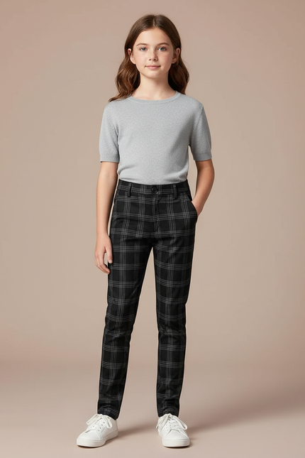 Pantalon Chino Noir Carreaux Droit Décontracté Enfant - Gabardine