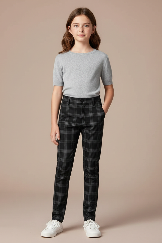 Pantalon Chino Noir Carreaux Droit Décontracté Enfant - Gabardine