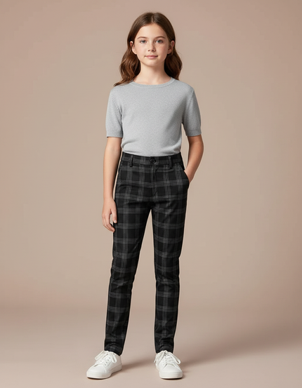 Pantalon Chino Noir Carreaux Droit Décontracté Enfant - Gabardine