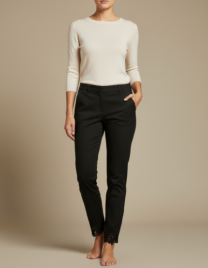 Pantalon Chino Noir Dentelle Évidée Slim Femme Élégant - Gabardine