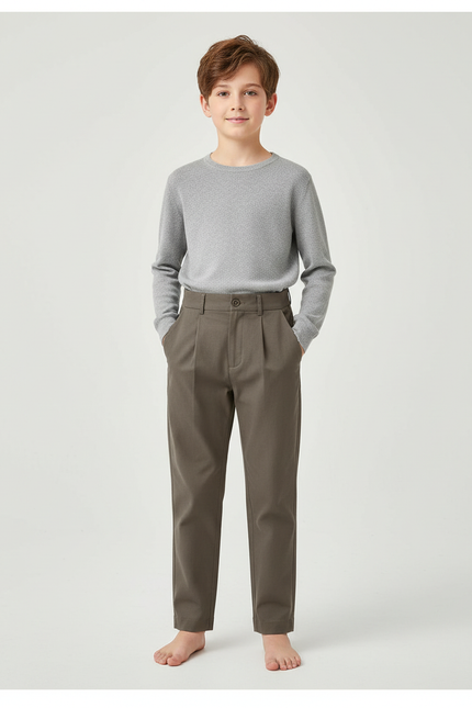 Pantalon Chino Kaki Plissé Coton Décontracté Garçon