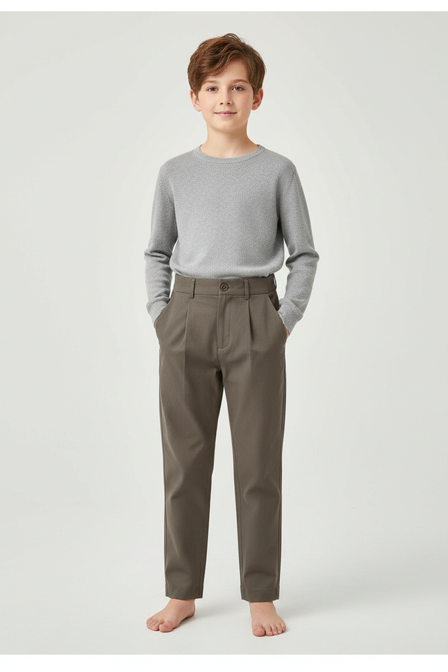 Pantalon Chino Kaki Plissé Coton Décontracté Garçon