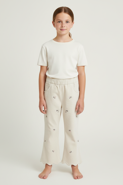 Pantalon Chino Écru Brodé Scalloped Fille Décontracté - Beige Molleton