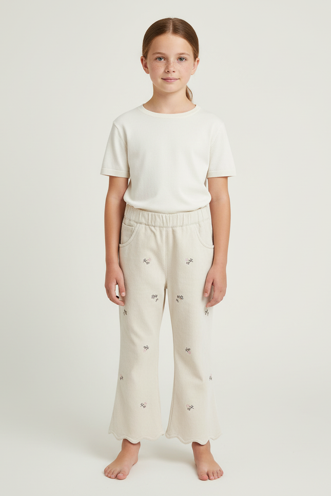 Pantalon Chino Écru Brodé Scalloped Fille Décontracté - Beige Molleton