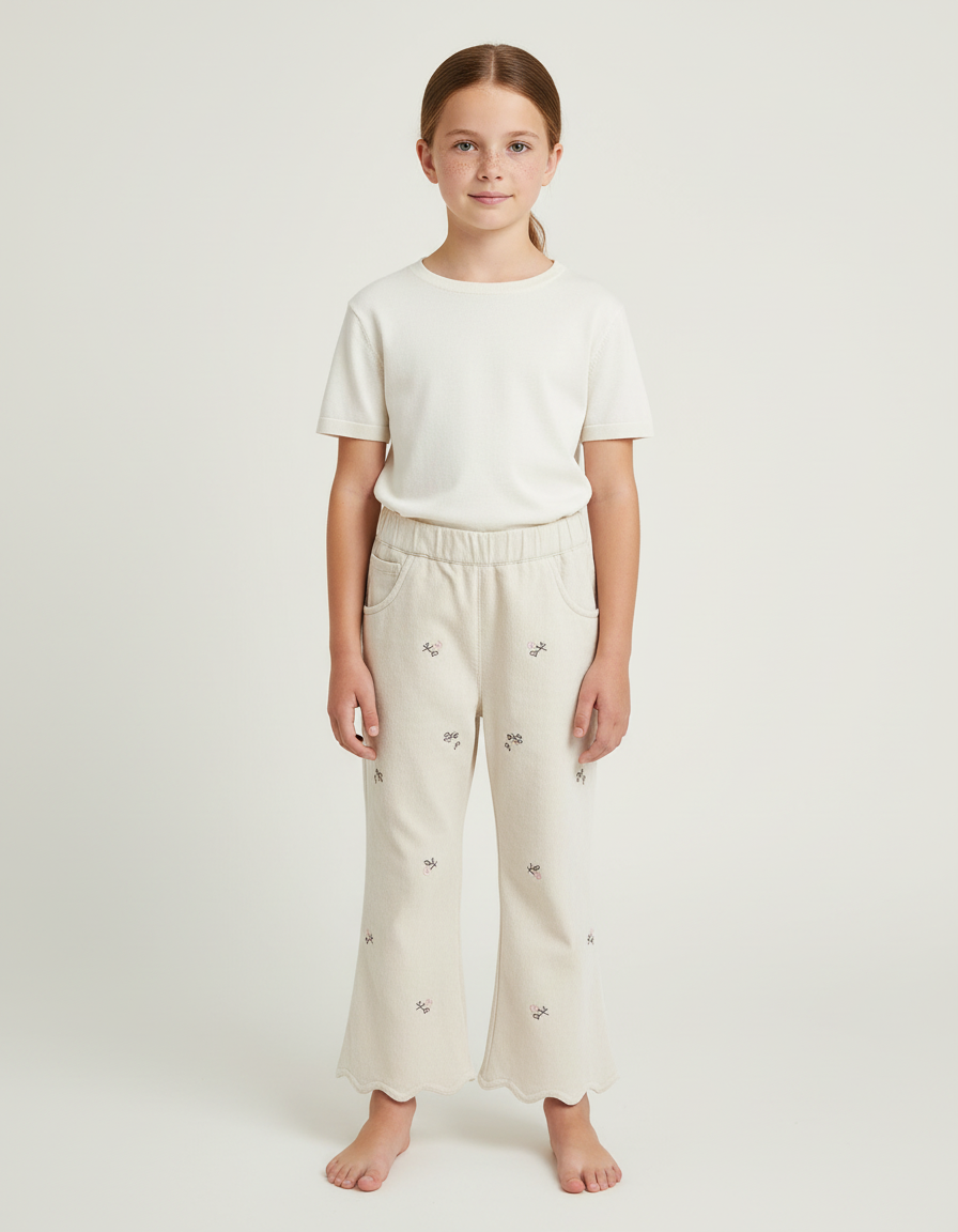 Pantalon Chino Écru Brodé Scalloped Fille Décontracté - Beige Molleton