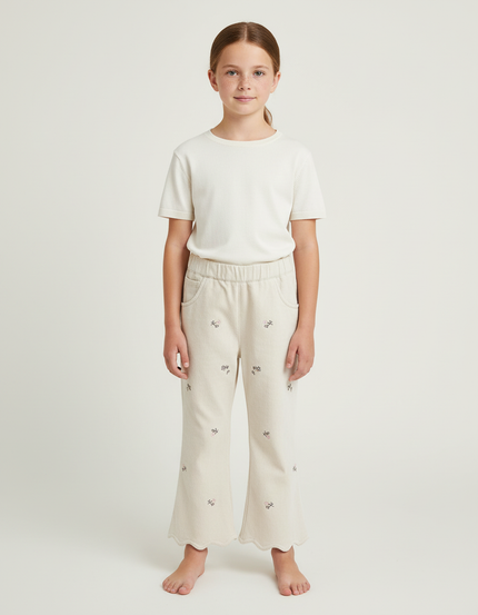 Pantalon Chino Écru Brodé Scalloped Fille Décontracté - Beige Molleton