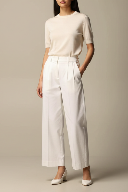 Pantalon Chino Blanc Ample Plissé Femme Élégant - Gabardine