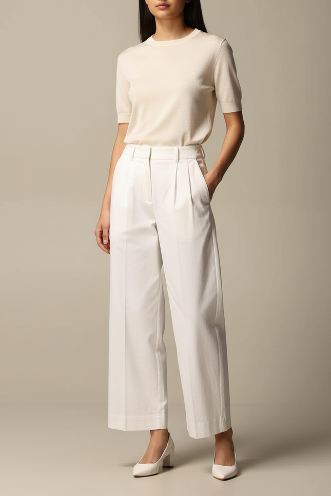 Pantalon Chino Blanc Ample Plissé Femme Élégant - Gabardine