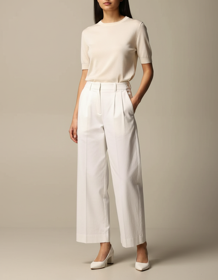 Pantalon Chino Blanc Ample Plissé Femme Élégant - Gabardine