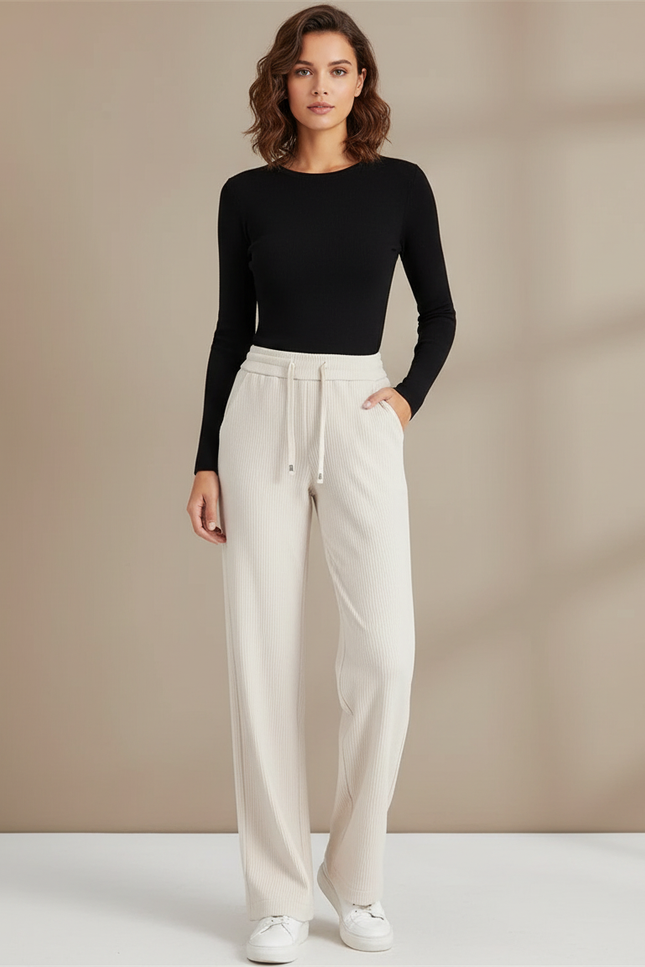 Pantalon Chino Écru Côtelé Ample Cordon Femme - Beige Cordé