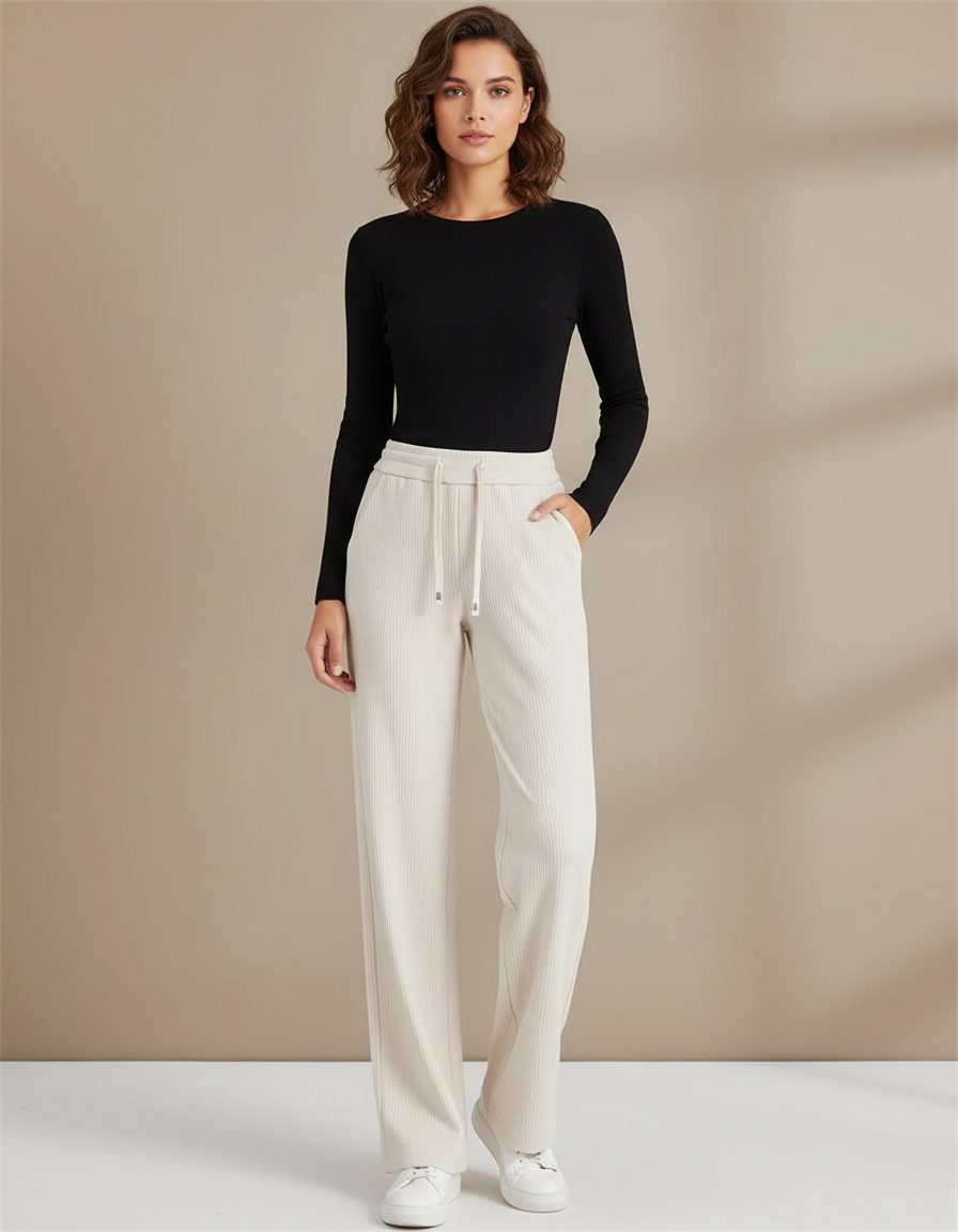 Pantalon Chino Écru Côtelé Ample Cordon Femme - Beige Cordé