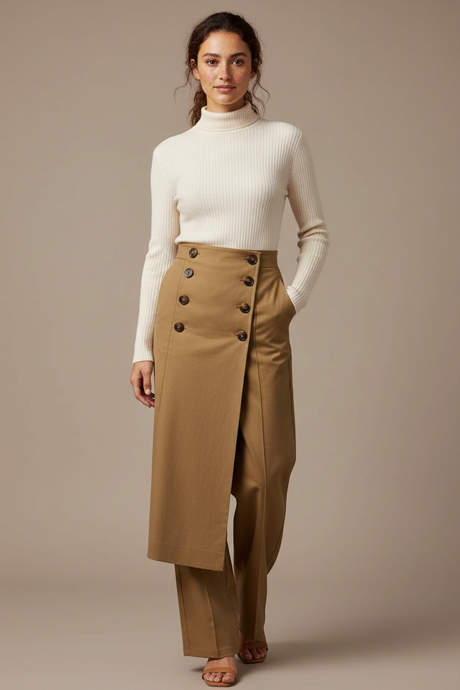 Pantalon Chino Kaki Boutons Jupe-Culotte Fluide Élégant - Gabardine