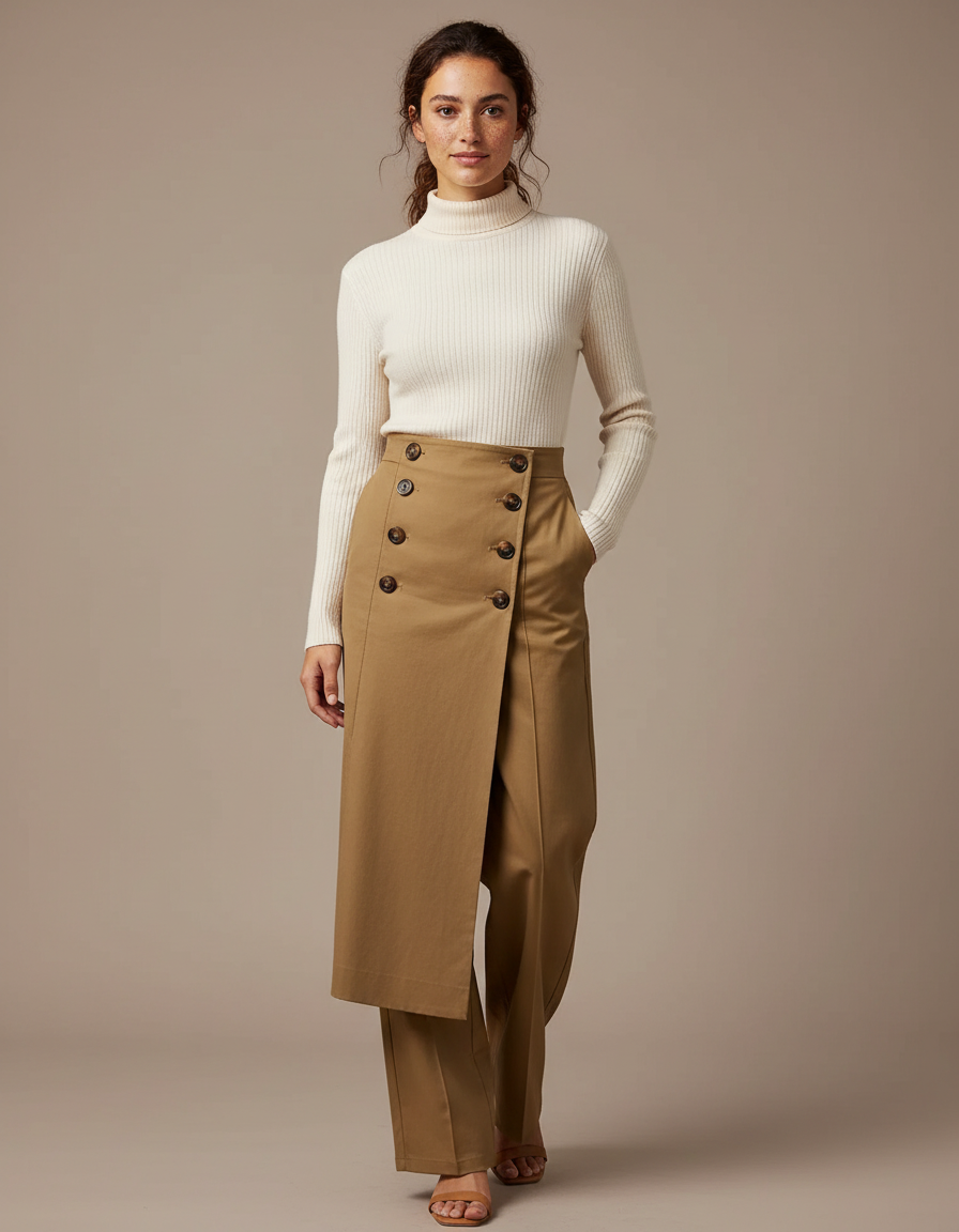 Pantalon Chino Kaki Boutons Jupe-Culotte Fluide Élégant - Gabardine