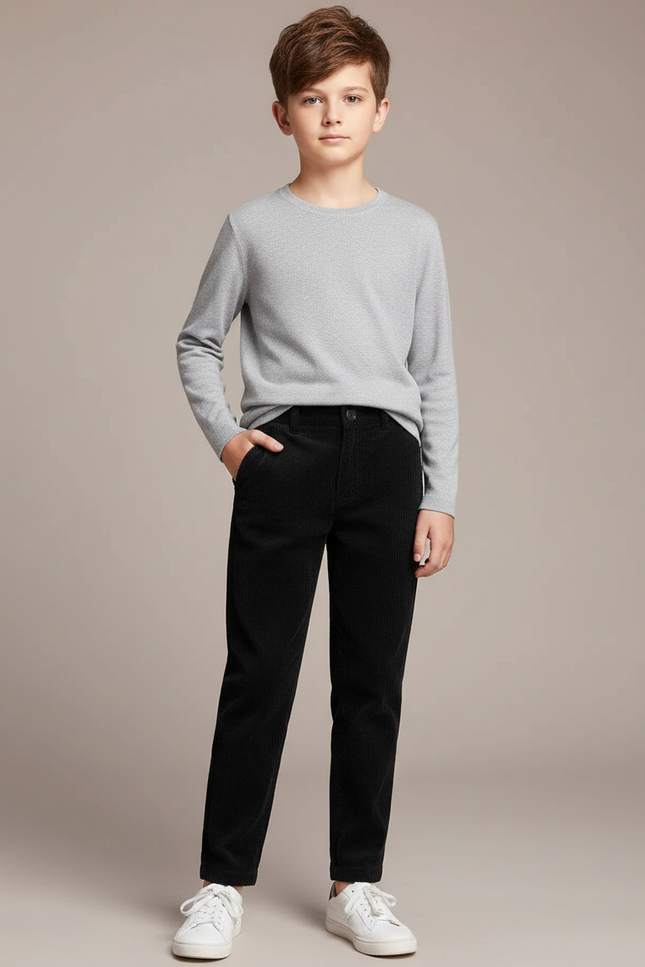 Pantalon Chino Noir Côtelé Ample Enfant Décontracté - Cordé