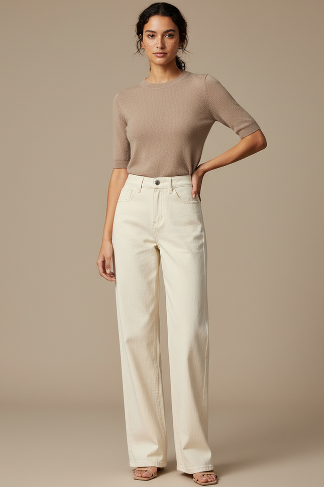 Pantalon Chino Écru Ample Droit Décontracté Femme - Beige Gabardine