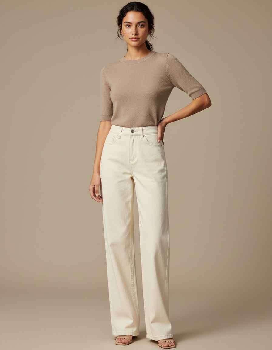 Pantalon Chino Écru Ample Droit Décontracté Femme - Beige Gabardine