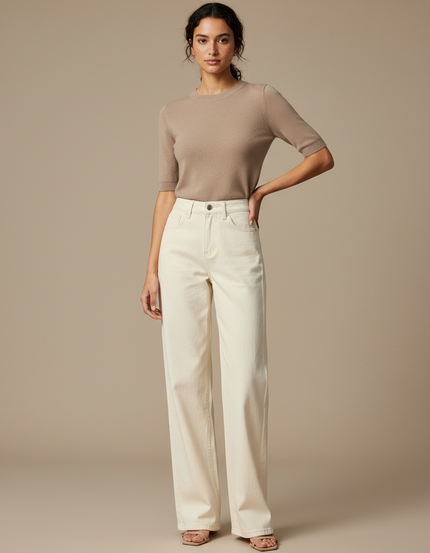 Pantalon Chino Écru Ample Droit Décontracté Femme - Beige Gabardine