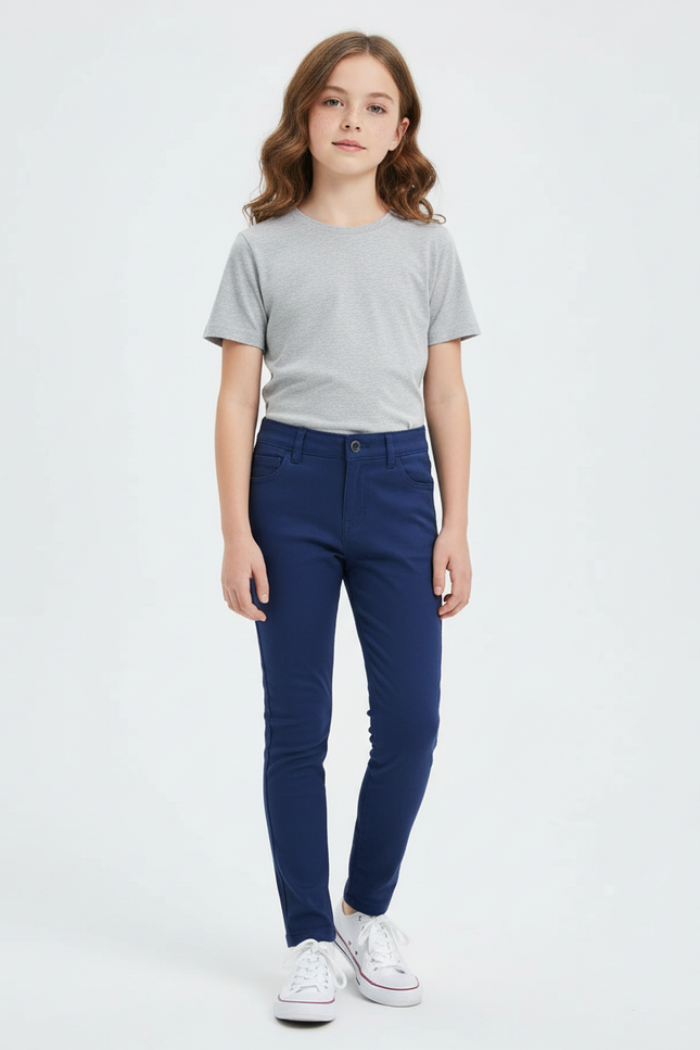 Pantalon Chino Bleu Marine Slim Coton Fille Uni