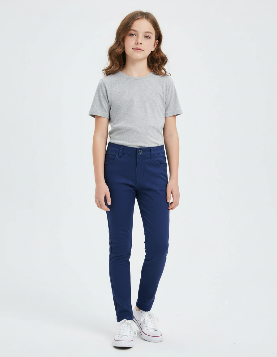 Pantalon Chino Bleu Marine Slim Coton Fille Uni