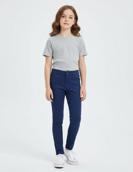 Pantalon Chino Bleu Marine Slim Coton Fille Uni