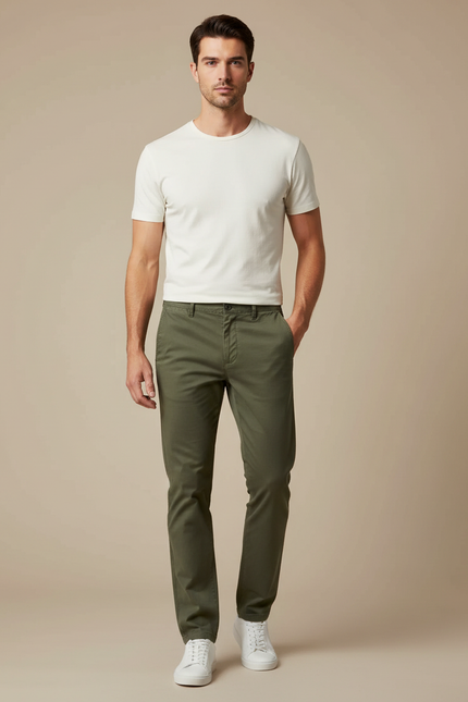 Pantalon Chino Homme Vert Olive Coton Droit Décontracté