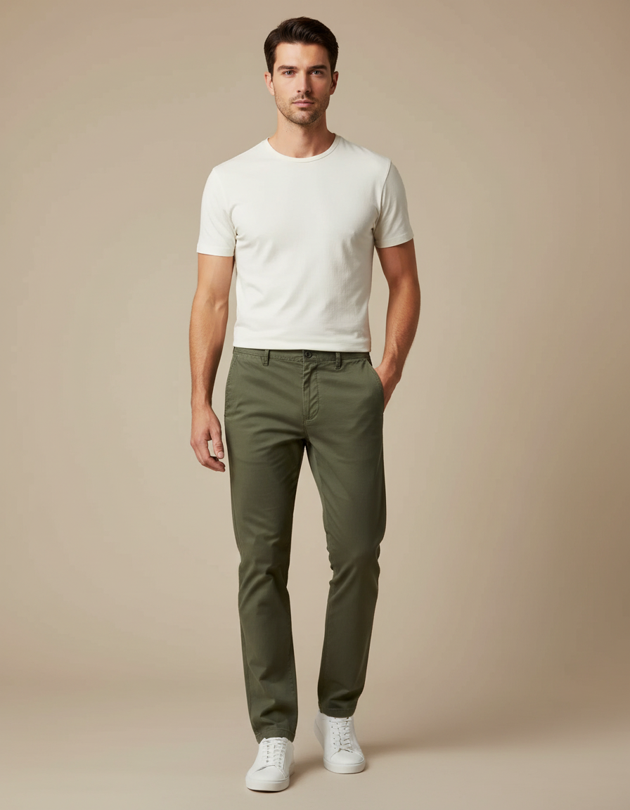 Pantalon Chino Homme Vert Olive Coton Droit Décontracté