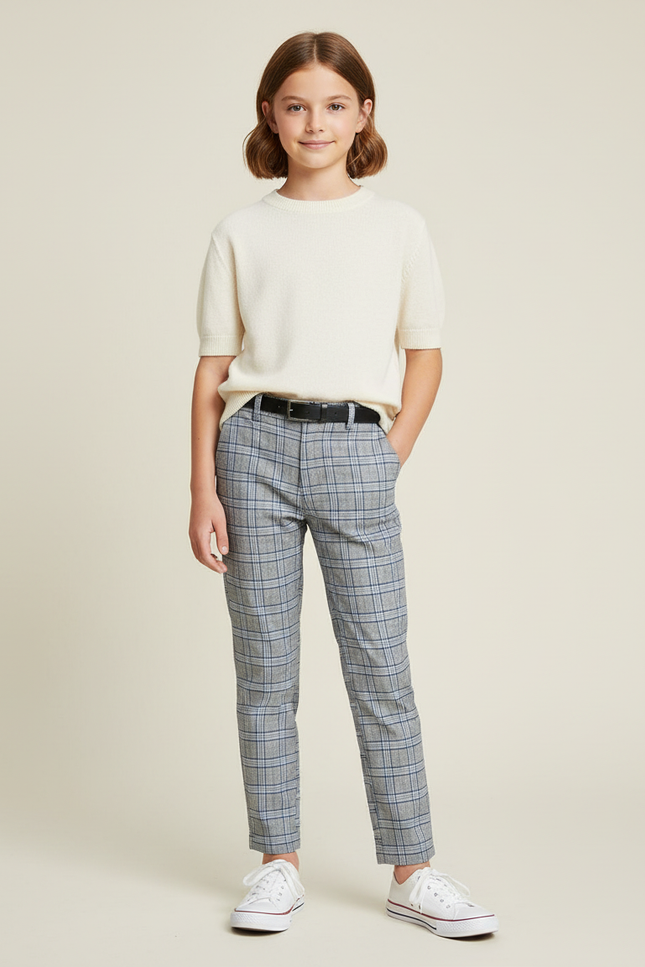 Pantalon Chino Carreaux Gris Slim Enfant Ceinturé - Gabardine