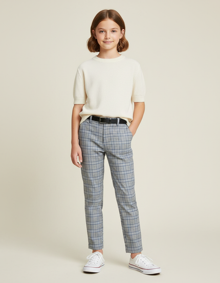 Pantalon Chino Carreaux Gris Slim Enfant Ceinturé - Gabardine