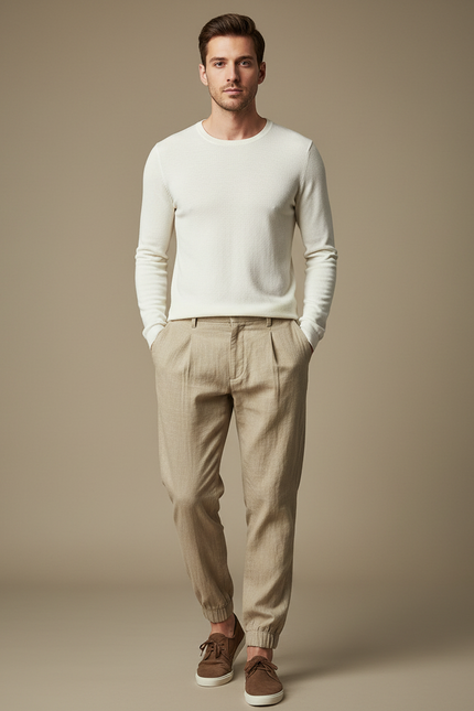Pantalon Chino Elastique Cheville Homme - Beige Gabardine
