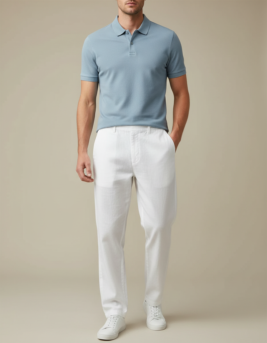 Pantalon Chino Blanc Lin Coton Droit Homme Décontracté