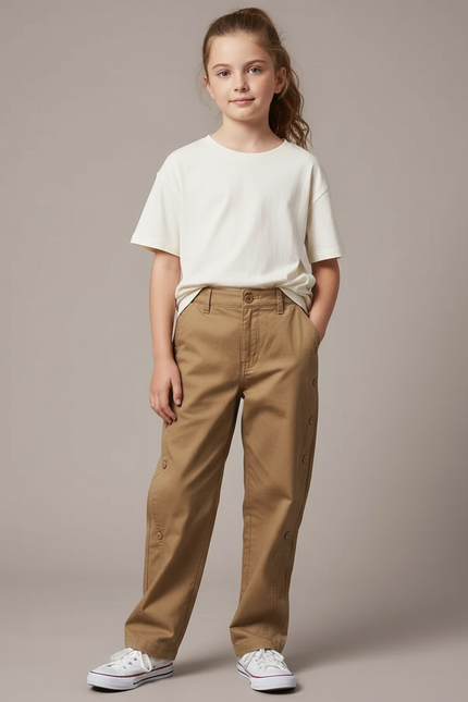 Pantalon Chino Kaki Ample Boutons Décontracté Enfant - Gabardine