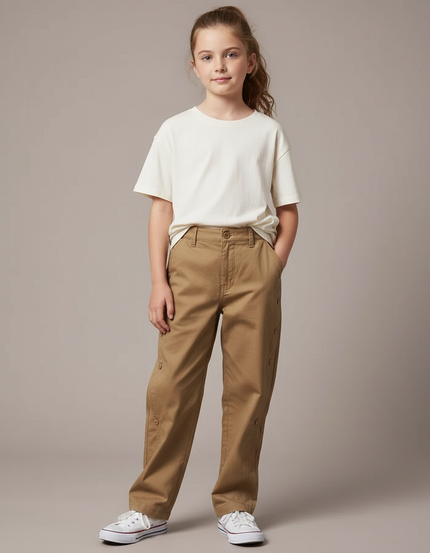 Pantalon Chino Kaki Ample Boutons Décontracté Enfant - Gabardine