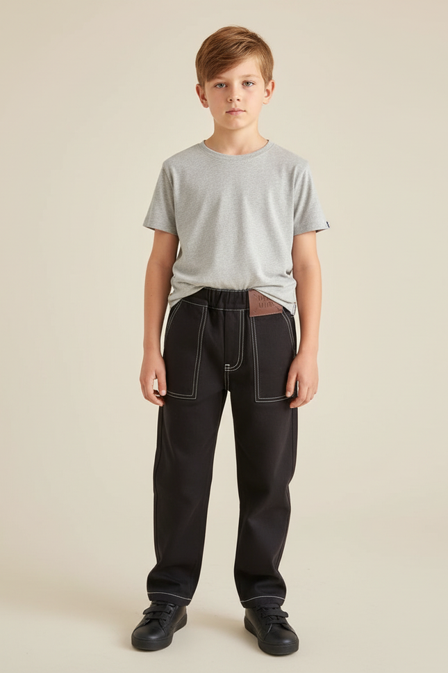 Pantalon Chino Noir Garçon Coton Décontracté Surpiqûres