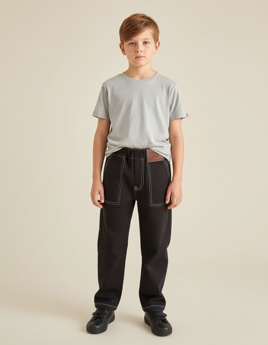 Pantalon Chino Noir Garçon Coton Décontracté Surpiqûres