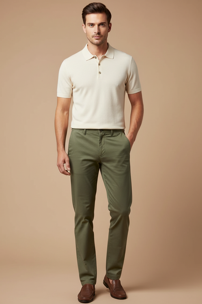 Pantalon Chino Homme Vert Olive Coton Droit Élégant